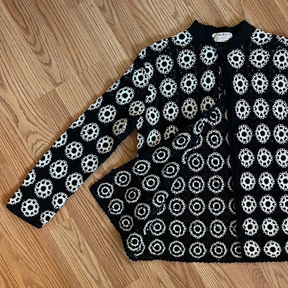 Sweaters - Mod Vintage Handmade Crochet Cardigan Sweater, Black and White
